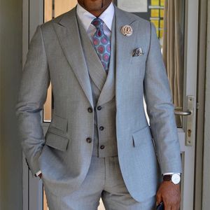 Gray Business Men Suits with Peaked Lapel Custom Groom Tuxedo for Wedding 3 piece Africa Man Fashion Set Jacket Vest with Pants X0909