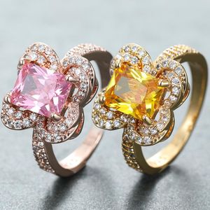 Wedding Rings Luxury Gold Rose Flower Ring For Women Pink Yellow Square Zircon Stone Finger Bridal Dainty Engagement