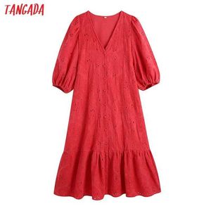 Tangada kvinnor röd blommig broderi midi klänning vintage puff ärm kvinnlig avslappnad klänningar Vestidos CE160 210609