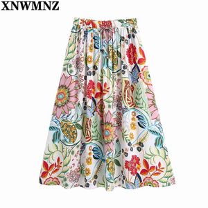 Kobiety Vintage Kwiatowy Drukuj Wysokiej Talii Spódnica Kobieta Casual Linia Elastyczna Pas Regulowany Drawstring Midi Spódnice 210520