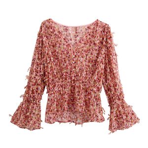 Kobiety Słodka Drukowana Szyfonowa Ruffled Bluzka Moda V Neck Z Długim Rękawem Kobiet Koszule Blusas Streetwear Damska Koszula 210430