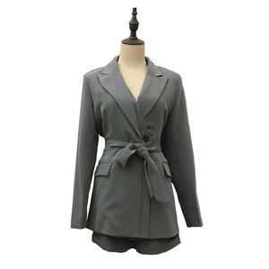 Mulheres Black Cinza Blazer Mini Saia Zipper Shorts 2 Duas Peças Set Elegante Inverno Notch Collar T0448 210514