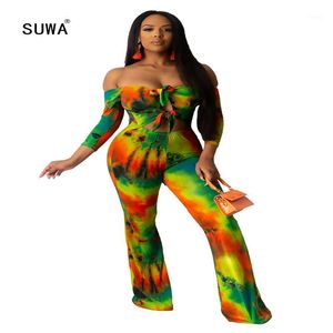 Jumpsuits das mulheres Maciãs Atacado Mulheres Verão 2021 Contraste Impresso Colar Slash Manga Longa Pant Calças Elegant Street Party Wear