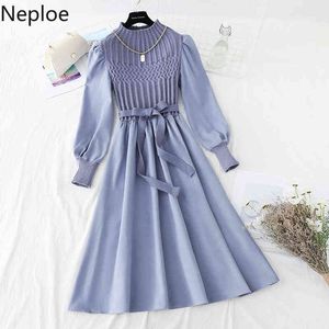 Neploe Jesień Zima Elegancka Dzianiny Patchwork Kobiety Sukienka Z Długim Rękawem V-Neck Bow A-Line Slim Vintage Corduroy Dresses 210422