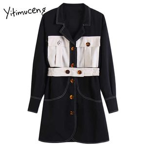 Yitimuceng Button Patchwork Dresses Women A-Line Solid Black Spring Single Breasted Long Sleeve Natural Office Lady 210601