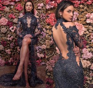 2022 Sexig Illusion Sheer Lace Evening Dresses High Neck Hollow Front High Slit Formell Party Prom Gowns Mermaid Backless Vestidos Arabic BC0569