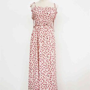 Summer Sweet Cherry Print Woman Slip Dress Temperament Slim Waist Vestido Mujer Chic Folds Design Spaghetti Strap 210514
