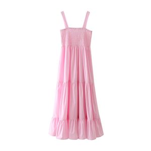 Lässiges rosa elastisches Brustkleid, ärmellos, Urlaubsstil, hohe Taille, Damenmode, mittellange Sommerkleider 210430