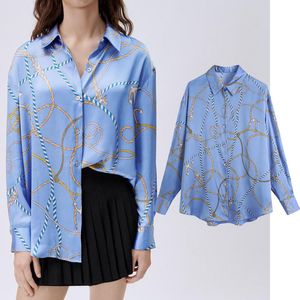 Lapel Long Sleeve Chain Print Single-breasted Chic Women's Shirt Casual Drape Loose Western Style Female Tops 210507