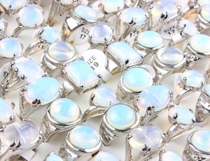 Partihandel Massor Mens 50pcs Vit Opal Stone Silver Plated Rings Band Women Wedding Engagement Smycken