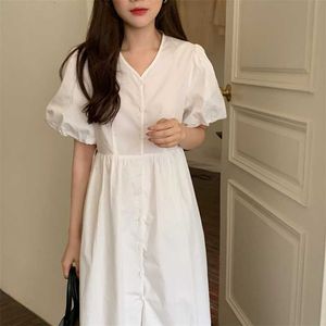 Letnia Elegancka V-Neck Loose Delikatne Office Lady Solid Streetwear Rękaw Puff Retro Długie Suknie Vestidos 210525