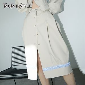 女性のための非対称の街路堅い色のスカートの高い腰のパッチワークスカート女性春ファッション210521