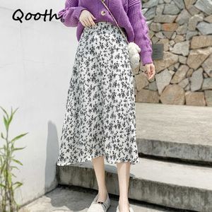 Qooth 인쇄 꽃 스커트 한국어 스타일 높은 허리 얇은 봄 여름 큰 A 라인 달콤한 소녀 모든 일치 QT532 210609