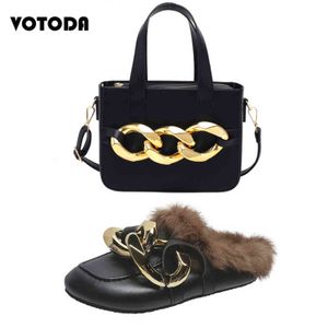 Women Chain Slippers Handbag Set Thick Bottom Faux Fur Slip On Slides PU Leather Pruse Shoes Ladies Designer Luxury Shoulder Bag H1122