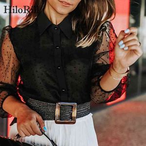 Dots Embroidery Women Organza Blouse Lantren Sleeve Black See Through Chic Top Casual Turn Down Collar Shirt Blusa 210508