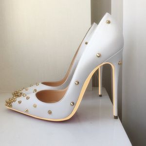 Rahat Tasarımcı Seksi Lady Moda Kadın Ayakkabı Beyaz Deri Spike Perçinler Pointy Toe Stiletto Stripper Yüksek Topuklu Balo Akşam Pompaları Büyük Boy 44 12 cm