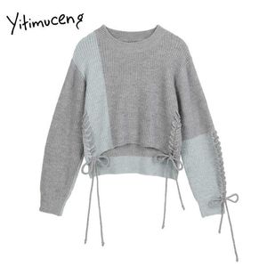 Yitimuceng Patchwork Swetry zimowe ubrania dla kobiet O-Neck Crop Tops Swetry Batwing Rękaw Koronki Up Fall Japanese Knit 210601