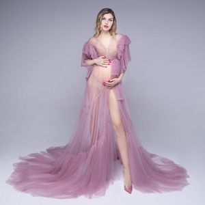 Unika kvällsklänningar sexiga se genom långa ärmar Ruffles Tulle Lace Gravid Kvinnor Cape Dress High Side Split Maternity Formell Prom Party Gowns Fashion