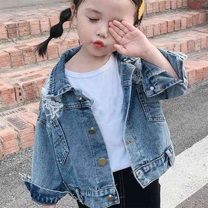 Giacca di jeans primaverile e autunnale Ragazza coreana in pizzo sciolto corto casual cardigan con bottoni superiori Abbigliamento per bambini 210625