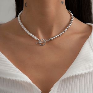 Trendy Baroque Pearl Chain Necklace Women Girls Collar Wedding Punk Toggle OT Buckle Alloy Bead Choker Necklace Jewelry
