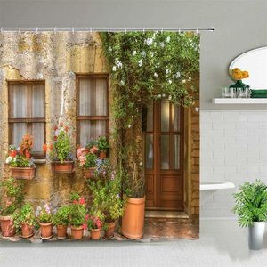 Retro Building Old Door Shower Curtains Flower Plant Spring Natural Scenery Bathroom Curtain Bathtub Home Decor Screen With Hook 211116