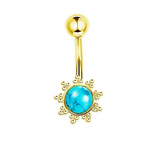 Kirurgisk stål mage knapp ringar sol blomma micro-inlaid turkos droppe dangle navel piercing ring kvinnor kropp smycken