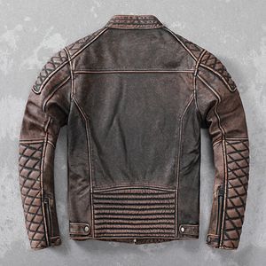 Тяжелая винтажная коричневая куртка из натуральной кожи. Мужское тонкое мотоциклетное пальто из воловьей кожи. Качественная кожаная одежда больших размеров.