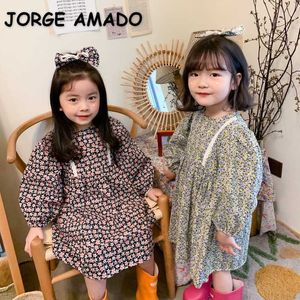 Kore Tarzı Bahar Kız Elbise Puf Kollu Çiçek Prenses Elbiseler ile Şapkalar Çocuk Giysileri E684 210610