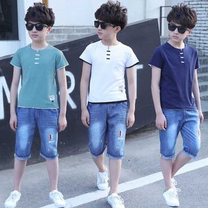 2019 yaz çocuk giyim erkek set erkek kot ve gömlek kısa setleri moda çocuk giyim boys 5 6 7 8 9 10 11 12 13 14 YIL X0802