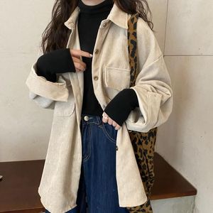 Kvinnorjackor Spring Autumn Women Solid Corduroy Jacket L￥ng ￤rm Turn-Down Collar Overdimensionerade rockar Casual Basic Outwear