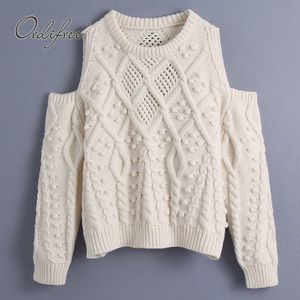 Autumn Women Off Shoulder Long Sleeve Streetwear Fashion White Polka Dot Female Knitted Sweater Jumper 210415