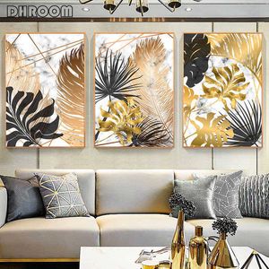 Nordic Pflanzen Golden Leaf Leinwand Malerei Botanische Poster und Druck Abstrakte Wand Kunst Bilder für Wohnzimmer Moderne Dekor 210705