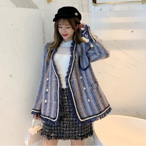 Harajuku Blue White Striped Tweed Jacket Winter Women Long Sleeve V Neck Elegant Overcoat Bead Pearls Tassels Cardigan Coat 210514