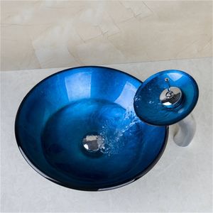 Bathroom Sink Faucets Blue Waterfall Chrome Basin Tap Washbasin Glass Hand painted Lavatory Bath Combine Set Mixer Faucet uz