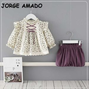 Großhandel Frühling Baby Mädchen 2-teiliges Set Lange Puffärmel Spitzenhemden Top + Lila Shorts Kinderkleidung E9172 210610