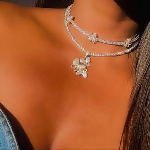 Fashion Iced Out Bling Butterfly Choker Pendant Necklace Gold Silver Color with 5mm Tennis Chain Hip Hop Jewelry for Men Women X0509
