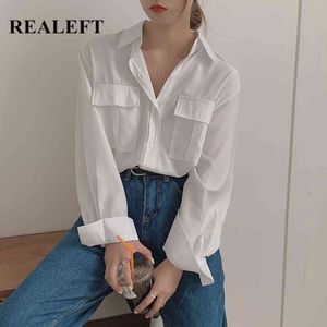 Outono sólido branco feminino blusa bolsos camisa tops manga comprida giro collar estilo coreano blusas soltas 210428