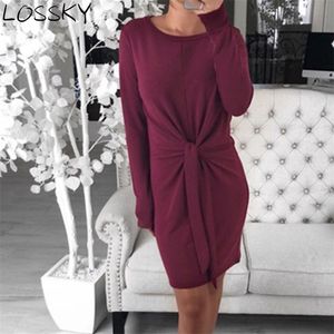 Women Autumn Winter Solid Mini Dress Casual Round Neck Long Sleeve Front Bow Bandage Slim Party Short Ladies es 210507