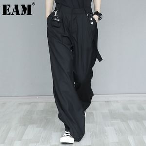 [EAM] Высокая талия широкая нога черный длинный плиссированный ремешок брюки свободные брюки женские мода весна осень 1dd7758 210512