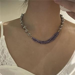 Halsketten mit Anhänger Origin Summer Statement Mehrschichtige Halskette mit lila Kristallen für Frauen, klobige Kette, geflochtener Knoten, Metallschmuck