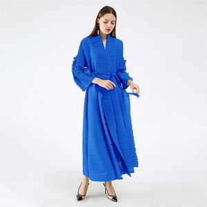 Miyake Pileli Uzun Petal Kollu Elbise Yaka Hırka Sashes Artı Boyutu Yüksek Uzun Yeşil Elbise Kış Kadın Estetik Giysiler 210915