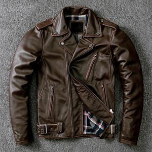 Couro masculino Faux 2021 Vintage Marrom Estilo Americano Casaco de Motocicleta Homens Plus Size 4XL Genuine Cowhide Outono Slim Fit Biker's Casaco