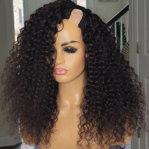 Kinky curly sida öppen u del mänskliga hår peruker för svarta kvinnor brasilianska remy 180densitetsmaskin gjorde människor hårstrån med kammar och remmar 100% obearbetade lyslösa