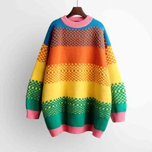 H.SA pull femme nouveaute Donna Warm Rainbow Maglione e pullover Coloful Maglieria a righe Maglioni oversize lunghi 210417