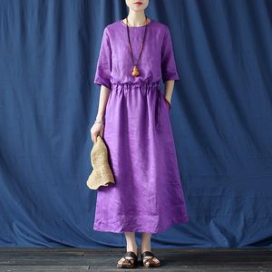 ジョニー教徒の女性の包帯ドレスヴィンテージOネックセブンスリーブ秋のラミー女性紫色の服カジュアルドレス210521