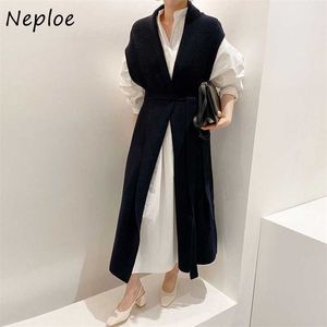 Neploe Koreanischer Anzug Chic Lose Puff Sleeve Shirt Kleid + V-ausschnitt Kordelzug Schlanke Taille Gestrickte Weste Einfache 2 Stück Set frauen 211106