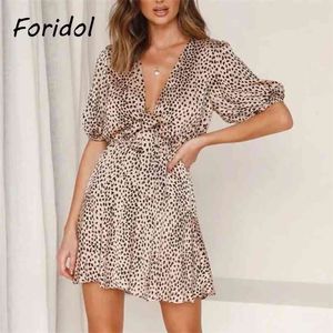 Foridol Leopard Druk Bowknot Summer Sukienka Damska Odzież Nowa Plaża Mini Sundress Khaki Casual Dress 210415