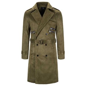 5XL men's long trench coat autumn and winter suede coat jacket army green high quality men's casual belt blended trench coat 211011