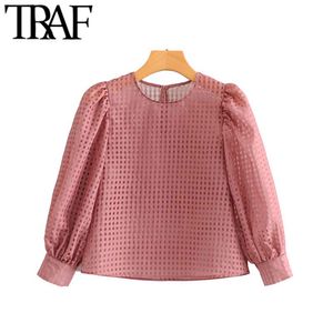 TRAF Women Vintage Sweet Transparent Plaid Cropped Blouses Fashion O Neck Three Quarter Sleeve Female Shirts Blusas Chic Tops 210415