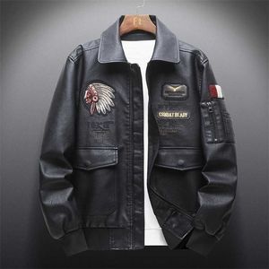 Jesień Męskie Retro Skórzane Kurtki Haft Outwear Casual Motocykl Pu Kurtka Rowerzysta Skórzana Wiatrówka Wielu kieszenie 211008